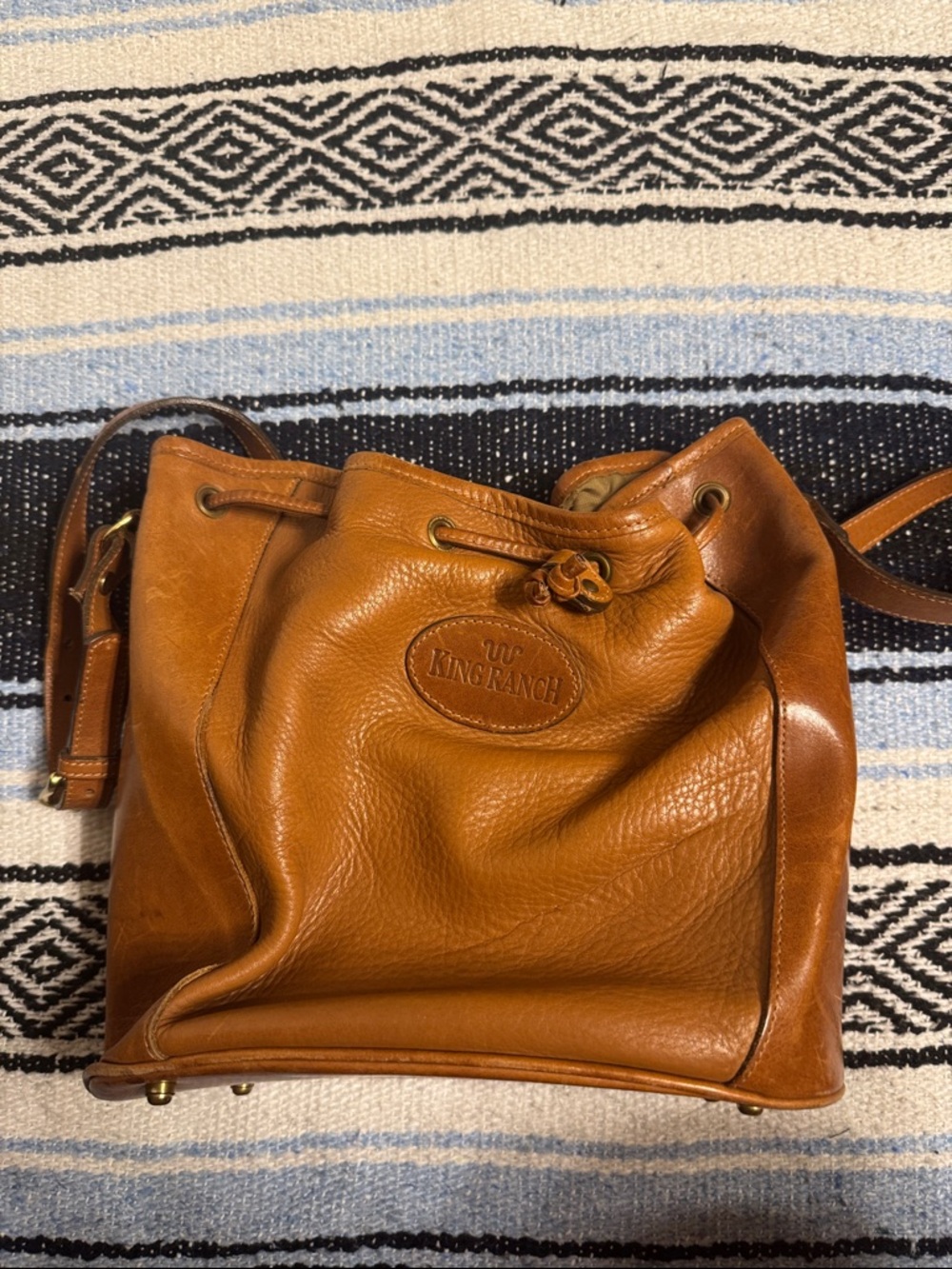King Ranch Cognac Leather Drawstring Crossbody Bag